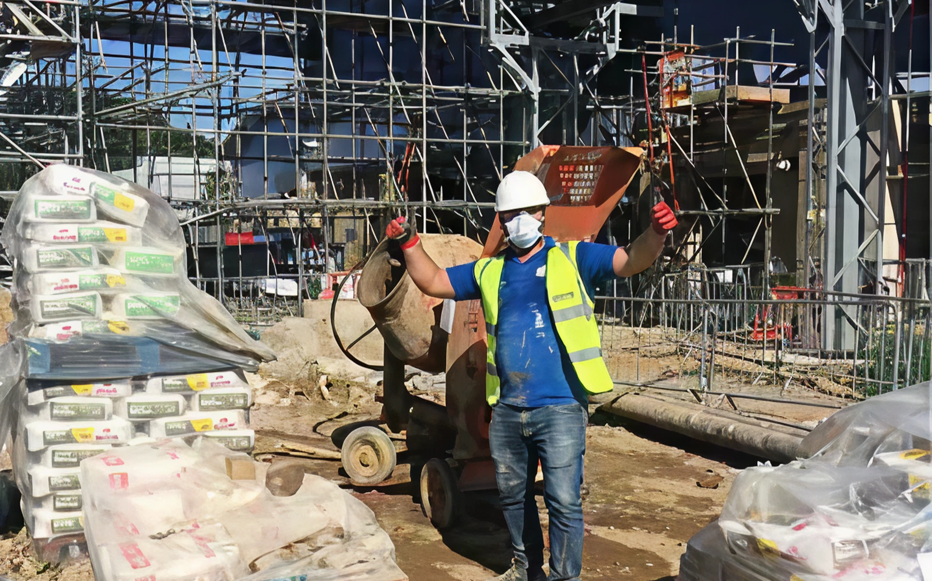 Man with wheelbarrow on building site