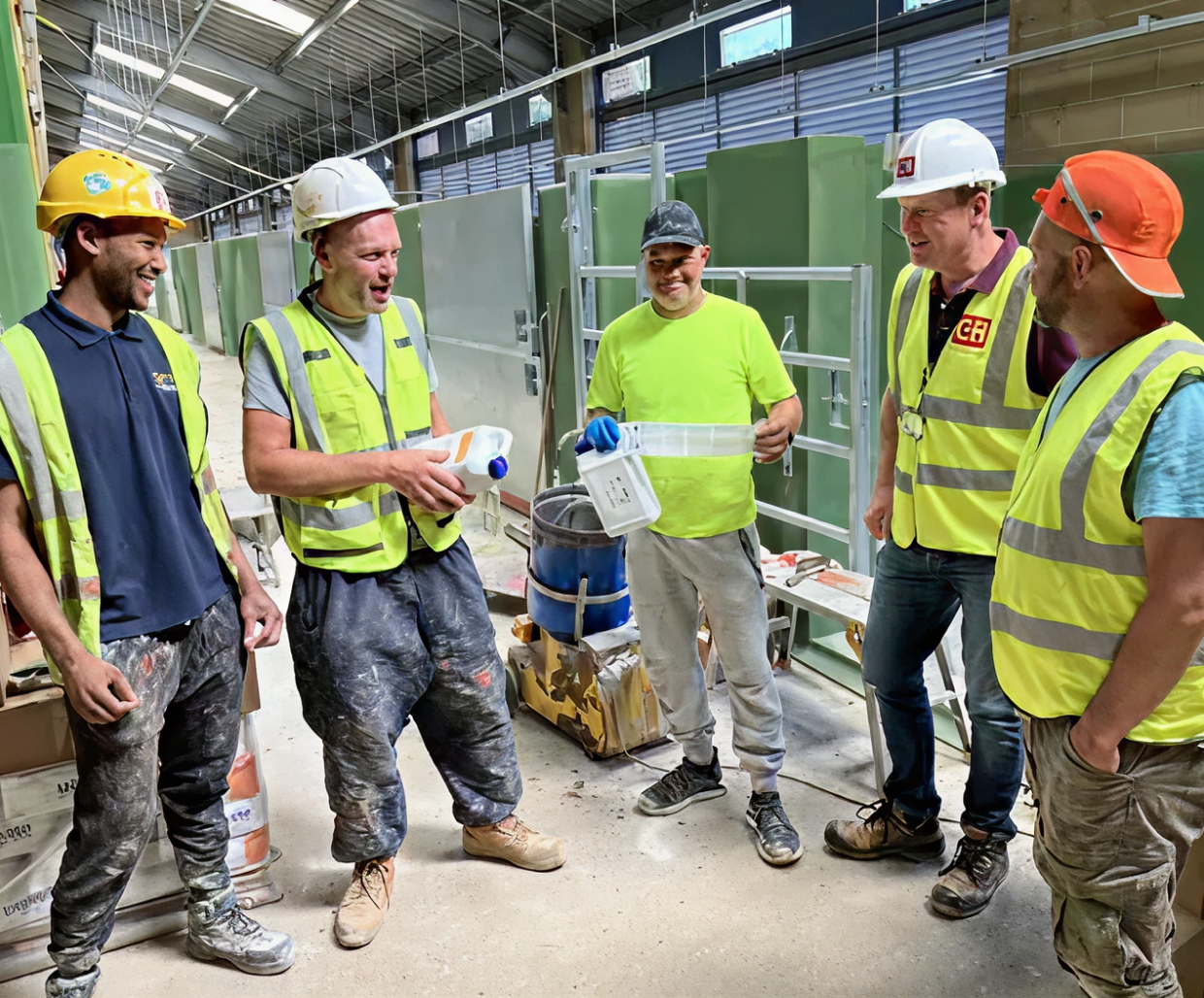 Workers in safety gear chatting